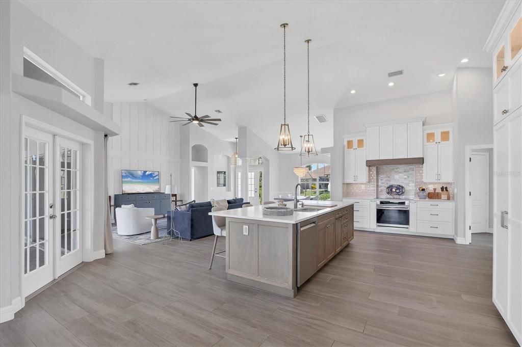 Interior, Kitchen, Living room, Pendant Lights, Recessed Lighting, Wood Texture Flooring