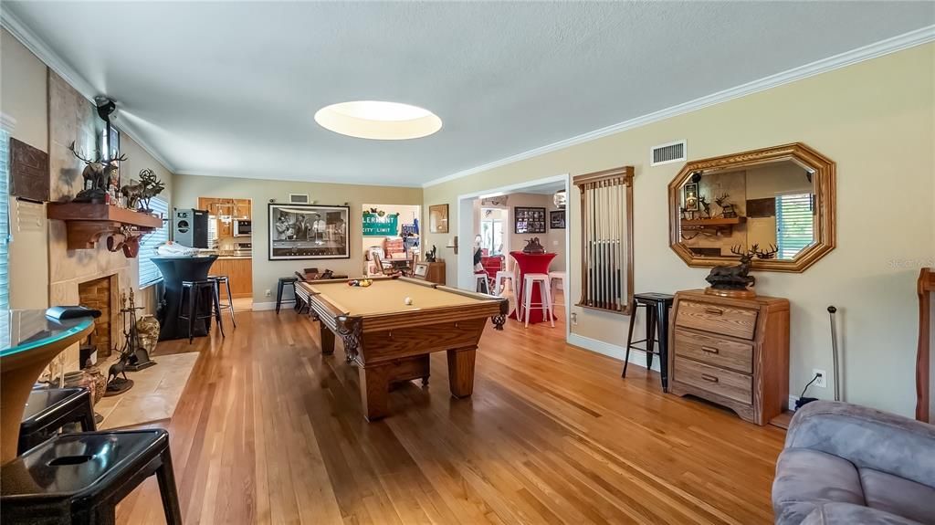 Billiard Table, Fireplace, Game Room, Interior, Wood Texture Flooring