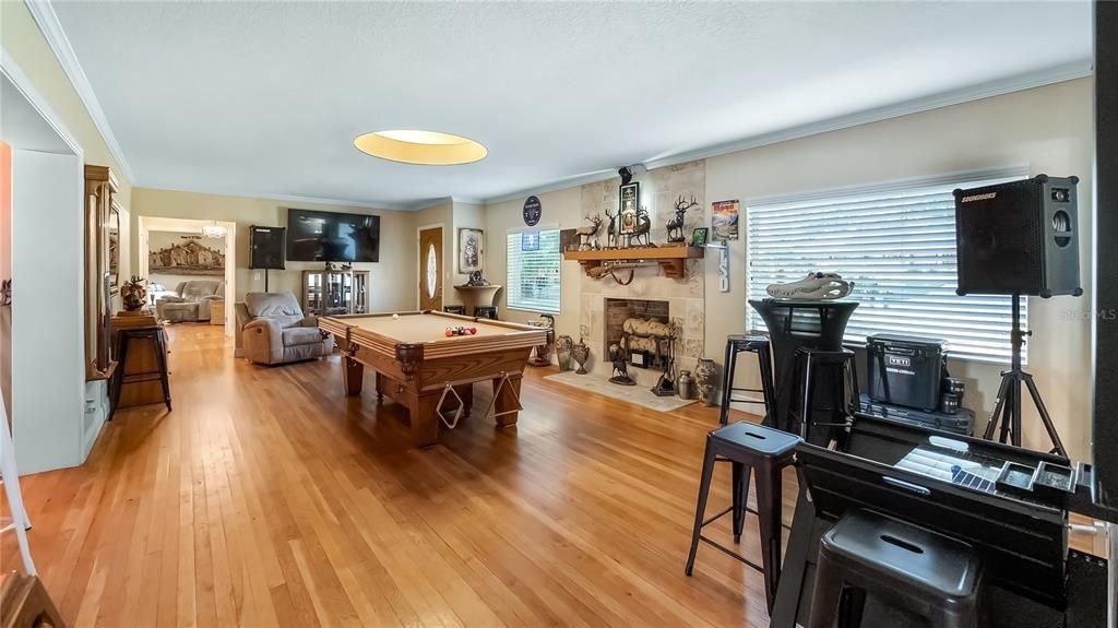 Billiard Table, Fireplace, Game Room, Interior, Wood Texture Flooring