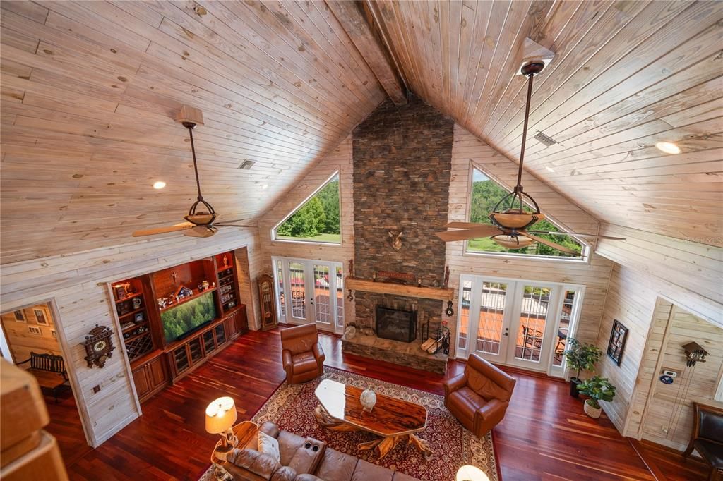 Fireplace, Interior, Living room, Recessed Lighting, Stone Walls, Wooden Ceilings, Wood Texture Flooring