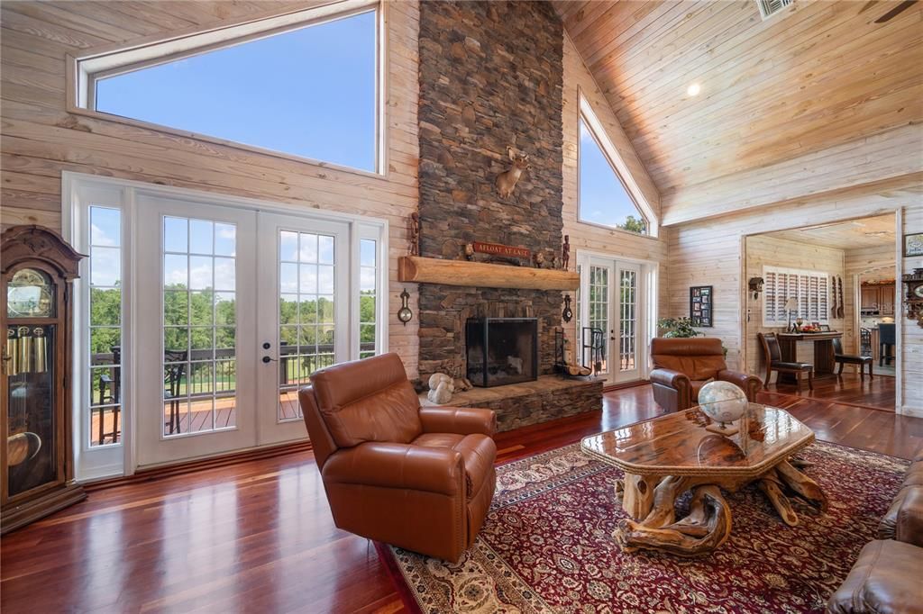 Dining room, Fireplace, Interior, Living room, Stone Walls, Wooden Ceilings, Wood Texture Flooring, Wooden Walls