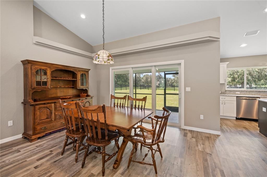 Dining room, Interior, Pendant Lights, Recessed Lighting, Wood Texture Flooring