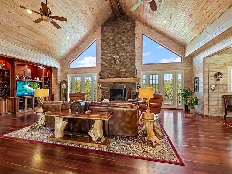 Fireplace, Interior, Living room, Recessed Lighting, Stone Walls, Wooden Ceilings, Wood Texture Flooring, Wooden Walls