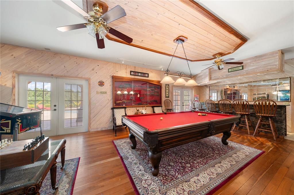 Billiard Table, Chandelier, Game Room, Interior, Pendant Lights, Wood Texture Flooring, Wooden Walls