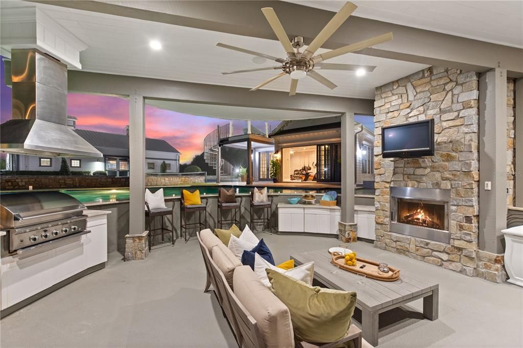 Fireplace, Interior, Recessed Lighting, Stone Walls
