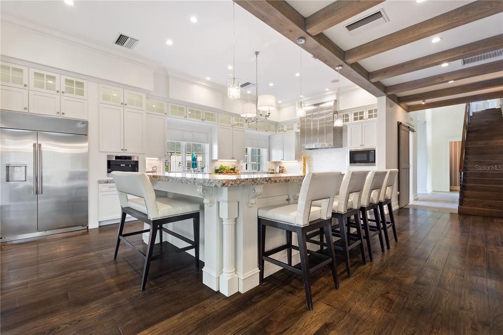 Interior, Kitchen, Pendant Lights, Recessed Lighting, Stainless Steel Appliances, Wooden Beams, Wood Texture Flooring