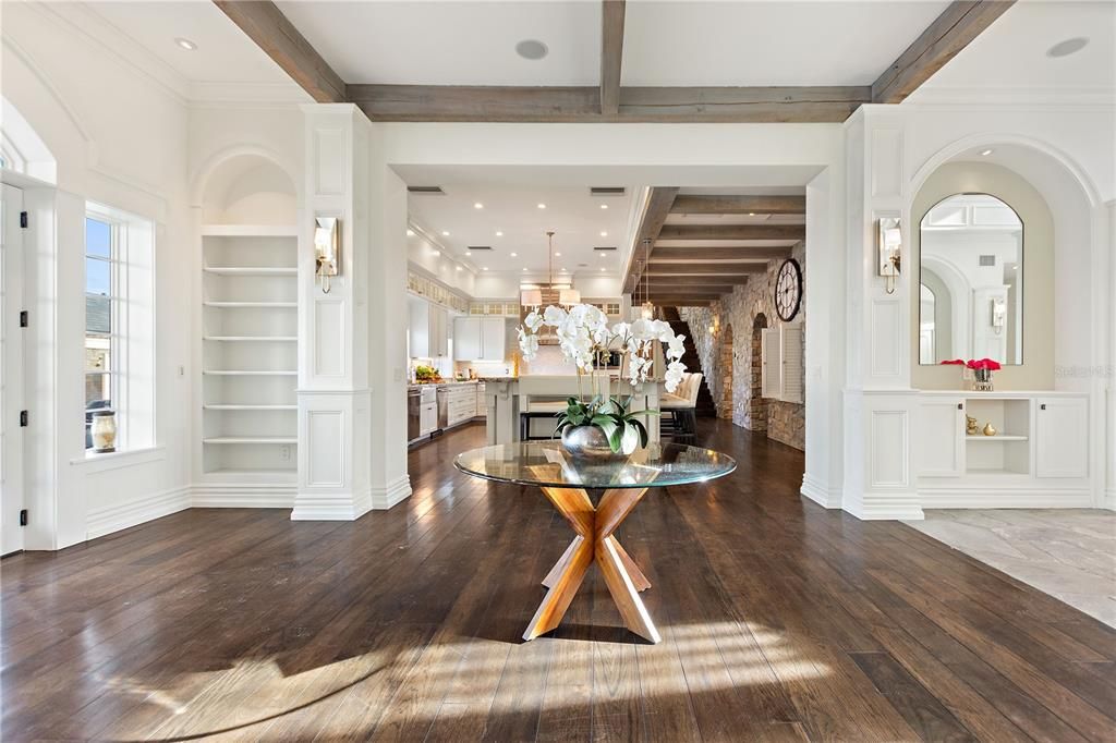 Interior, Kitchen, Pendant Lights, Recessed Lighting, Wooden Beams, Wood Texture Flooring