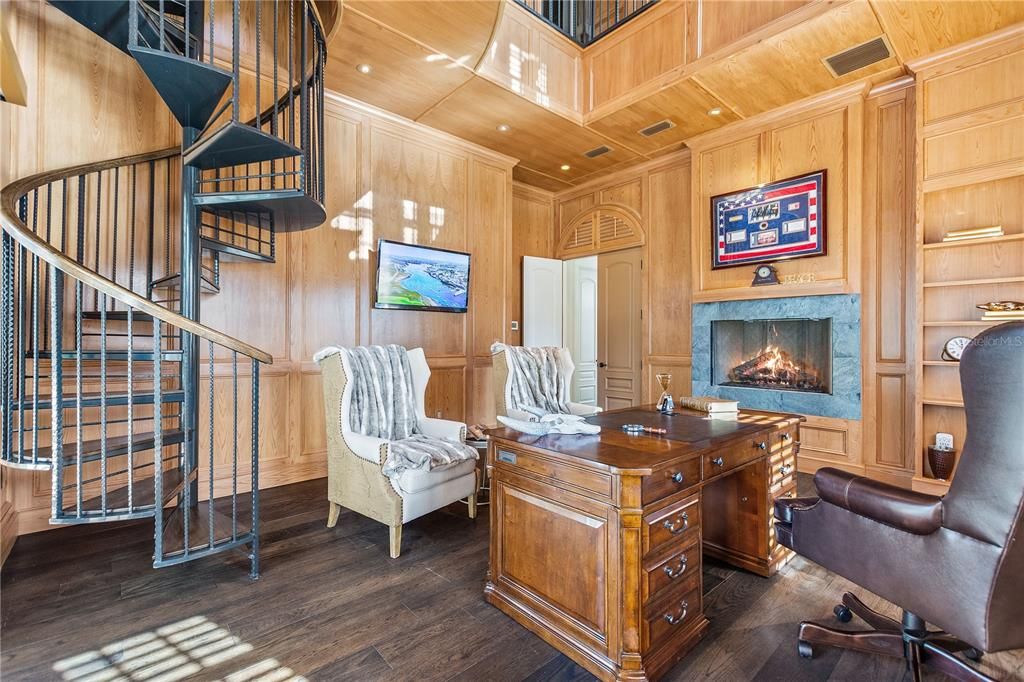 Fireplace, Home Office, Interior, Recessed Lighting, Wooden Ceilings, Wood Texture Flooring, Wooden Walls