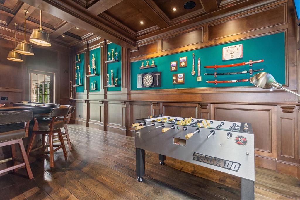 Game Room, Interior, Pendant Lights, Recessed Lighting, Wood Texture Flooring