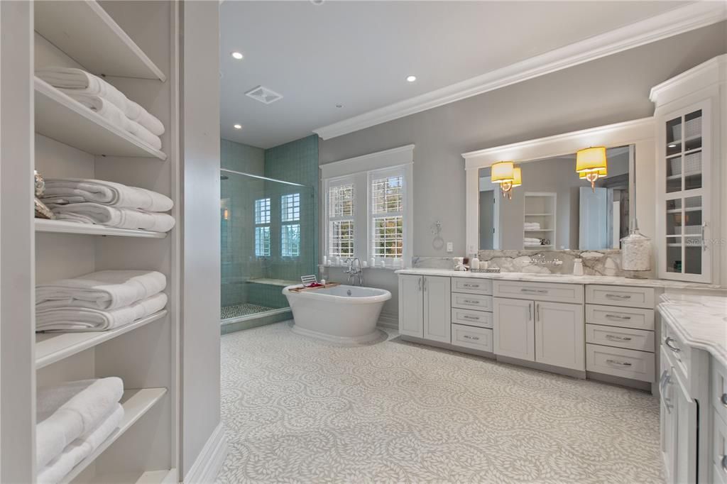 Bathroom, Dual Sink Vanities, Free Standing Baths, Glass Shower, Interior, Recessed Lighting