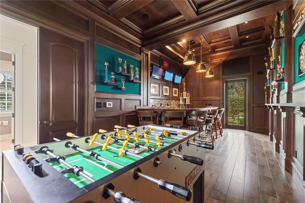 Billiard Table, Game Room, Interior, Pendant Lights, Recessed Lighting, Wooden Beams, Wooden Ceilings, Wood Texture Flooring, Wooden Walls