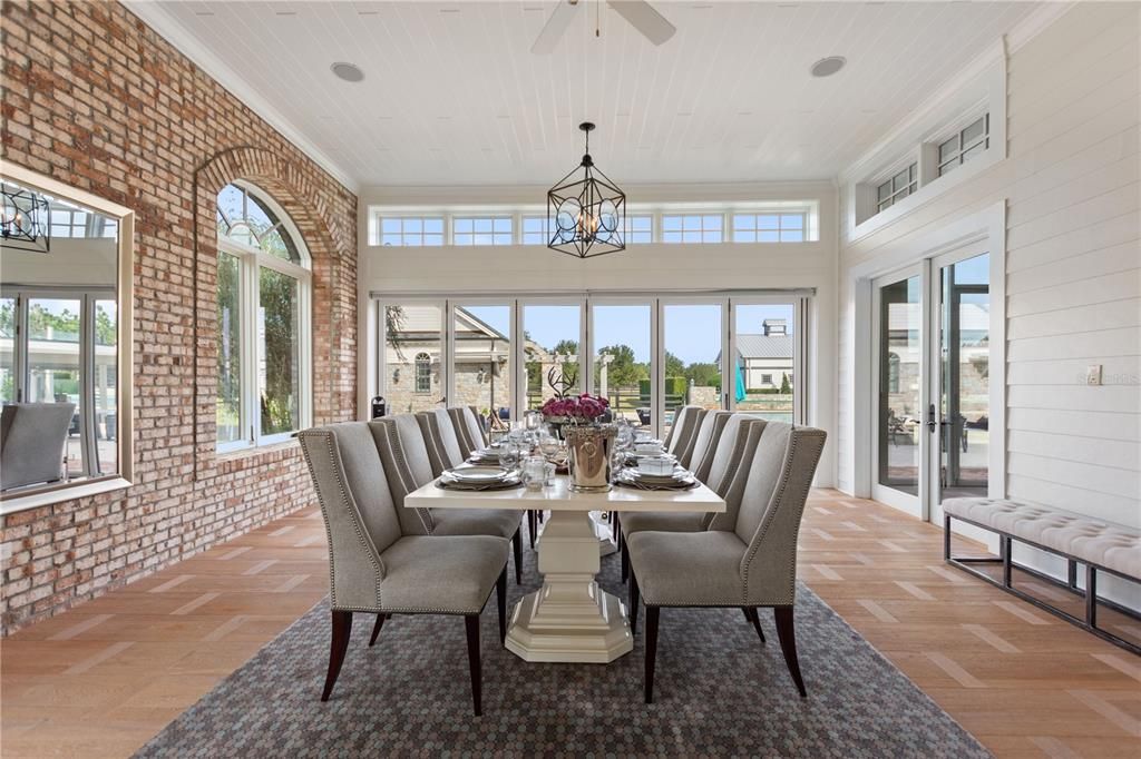 Dining room, Interior, Pendant Lights, Stone Walls, Wood Texture Flooring