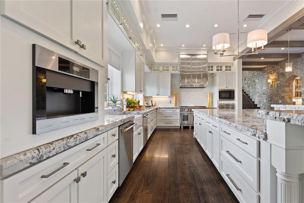 Interior, Kitchen, Pendant Lights, Recessed Lighting, Stainless Steel Appliances, Stone Walls, Wood Texture Flooring