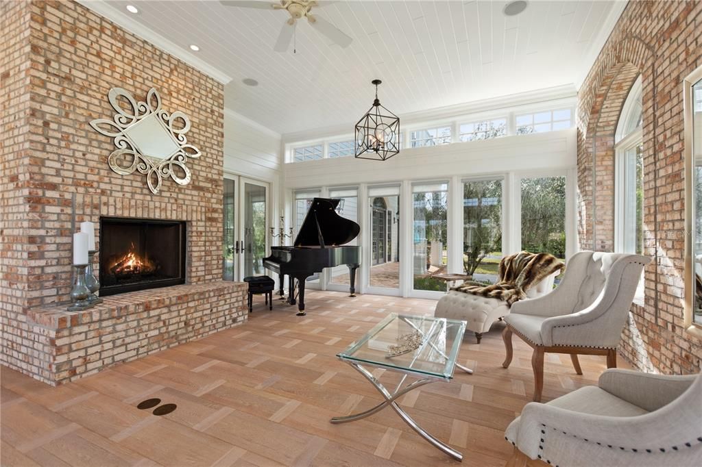 Fireplace, Interior, Pendant Lights, Piano, Recessed Lighting, Stone Walls, Wood Texture Flooring