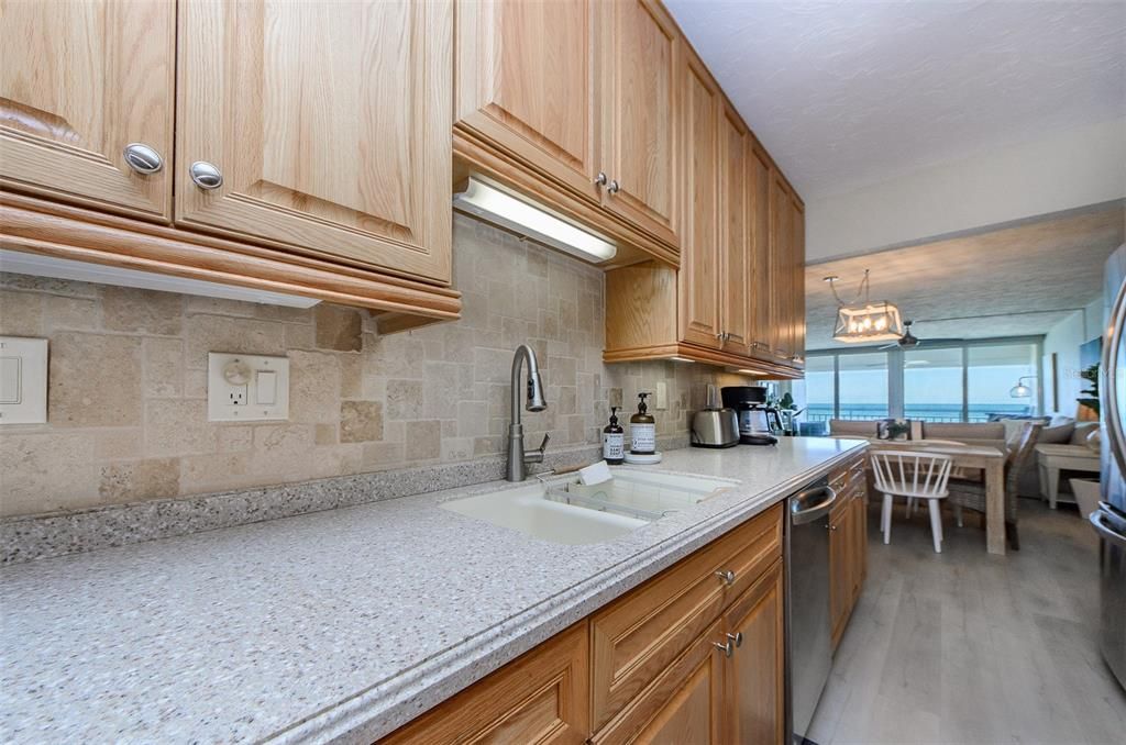 Dining room, Interior, Kitchen, Pendant Lights, Stone Walls, Water, Wood Texture Flooring