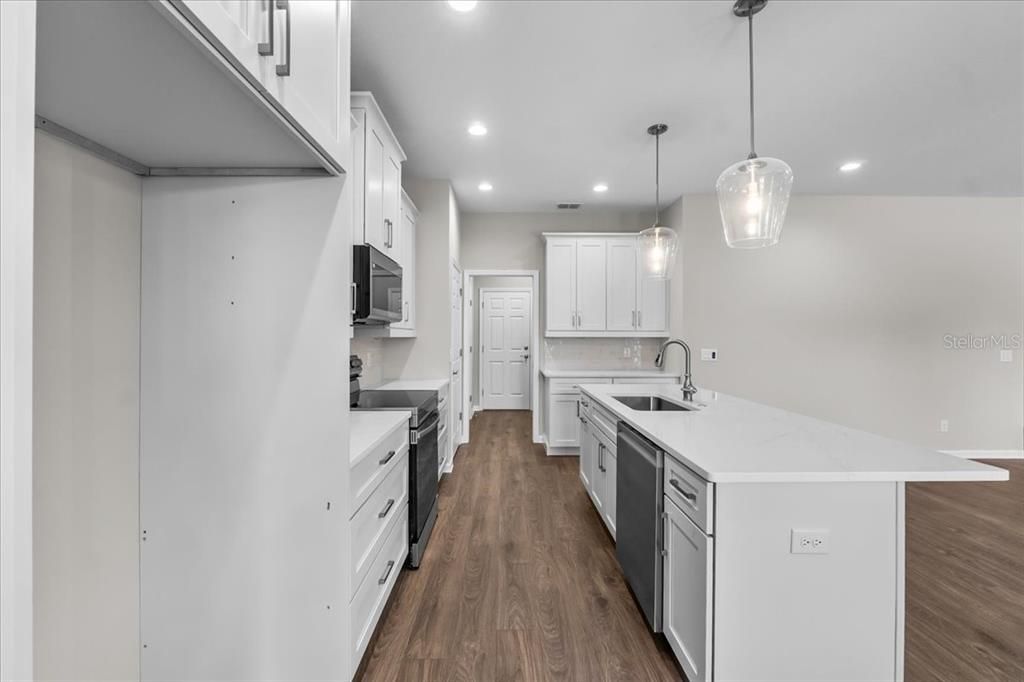 Interior, Kitchen, Pendant Lights, Recessed Lighting, Wood Texture Flooring