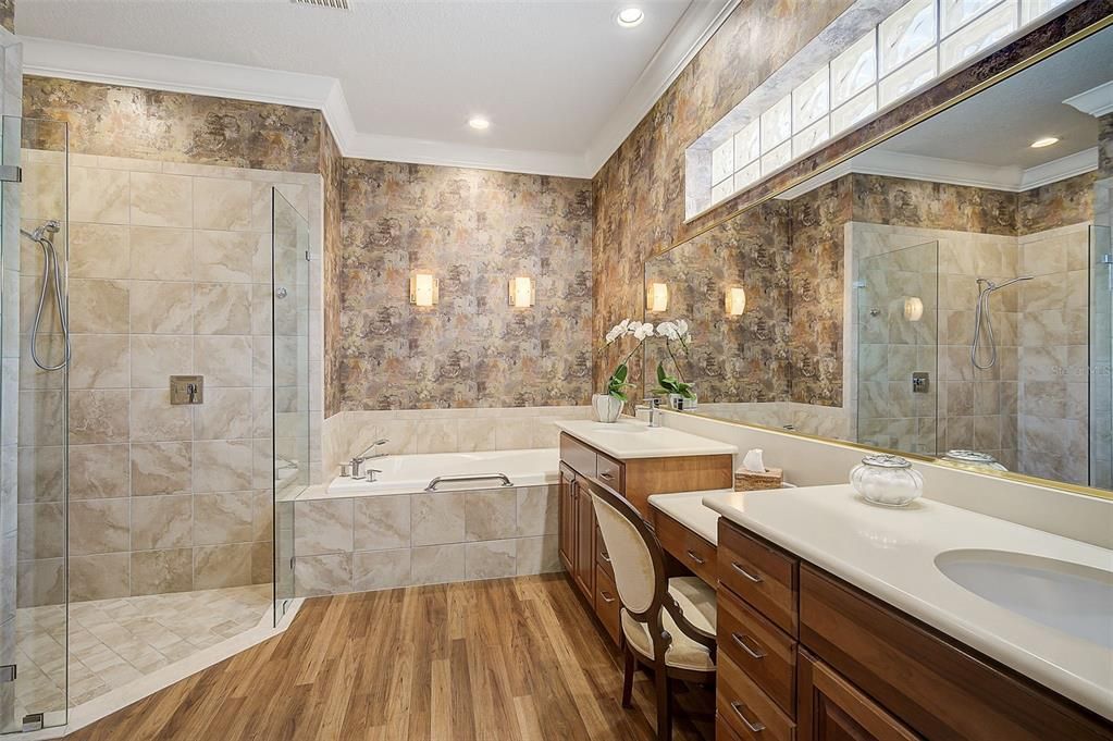 Bathroom, Dual Sink Vanities, Glass Shower, Interior, Recessed Lighting, Wood Texture Flooring