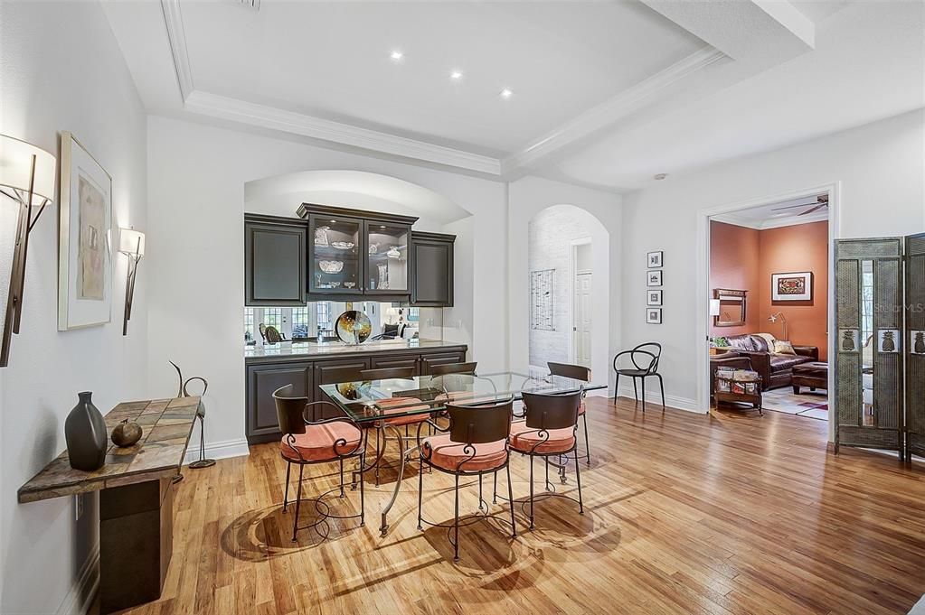 Dining room, Interior, Recessed Lighting, Wood Texture Flooring