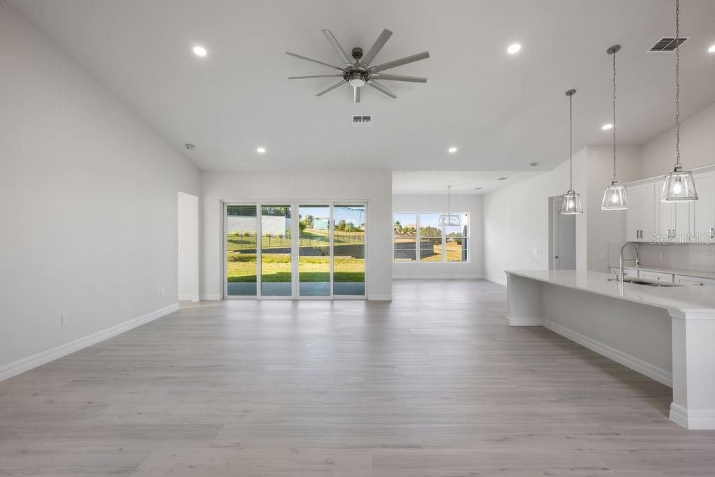 Empty room, Interior, Kitchen, Pendant Lights, Recessed Lighting, Wood Texture Flooring