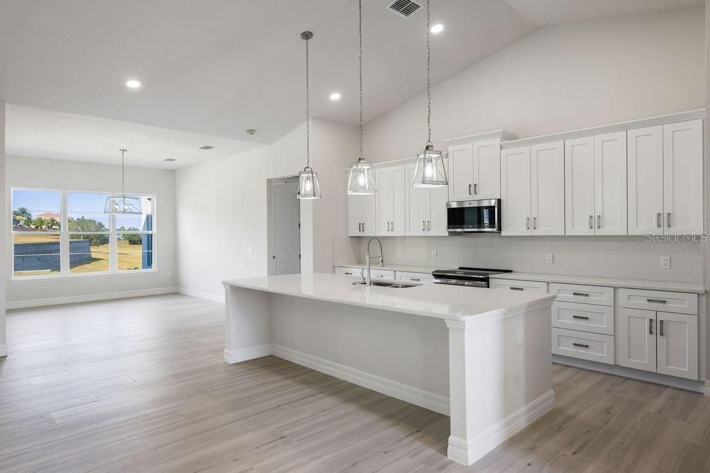 Interior, Kitchen, Pendant Lights, Recessed Lighting, Water, Wood Texture Flooring
