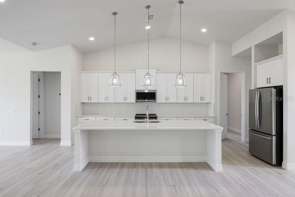 Interior, Kitchen, Pendant Lights, Recessed Lighting, Wood Texture Flooring