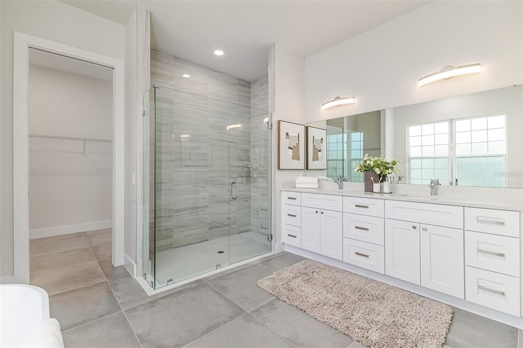 Bathroom, Dual Sink Vanities, Glass Shower, Interior, Recessed Lighting