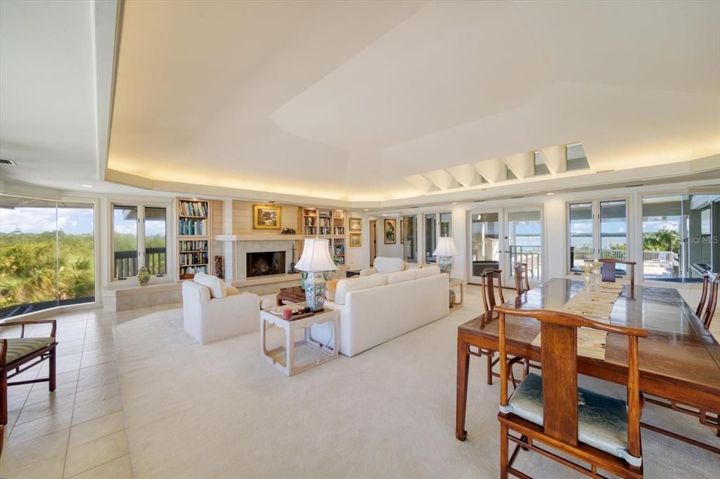 Dining room, Fireplace, Interior, Living room, Recessed Lighting