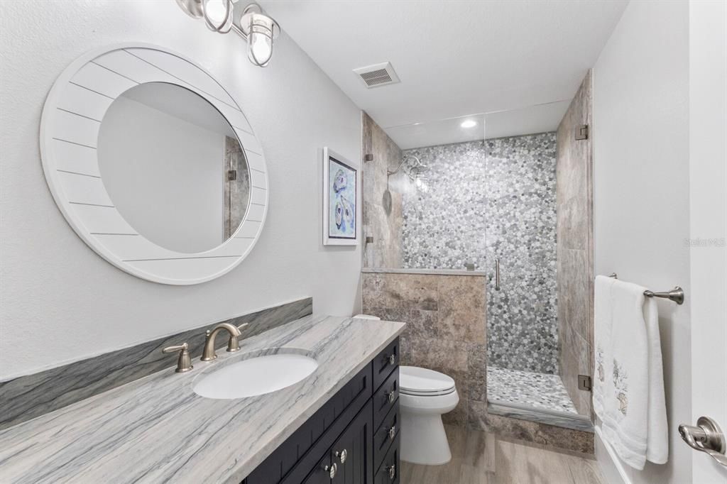 Bathroom, Interior, Recessed Lighting, Wood Texture Flooring