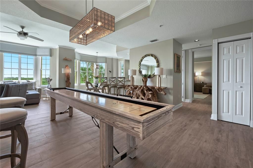 Billiard Table, Chandelier, Game Room, Interior, Pendant Lights, Recessed Lighting, Wood Texture Flooring