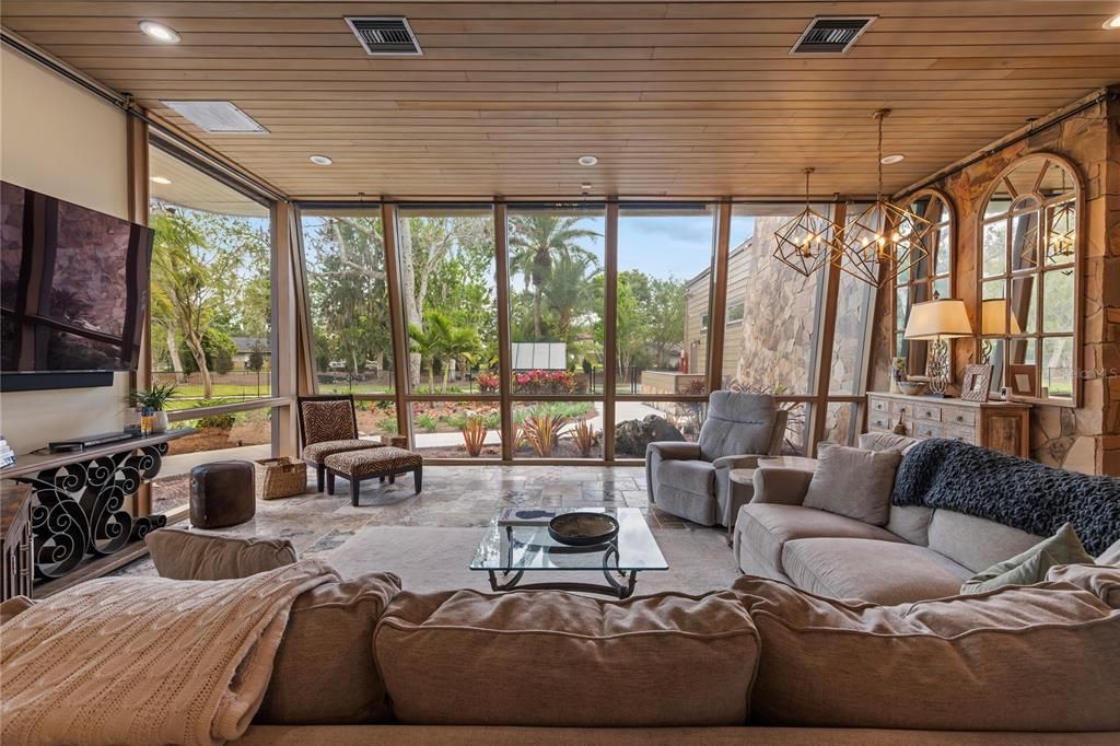 Chandelier, Interior, Living room, Recessed Lighting, Sun Room, Wooden Ceilings