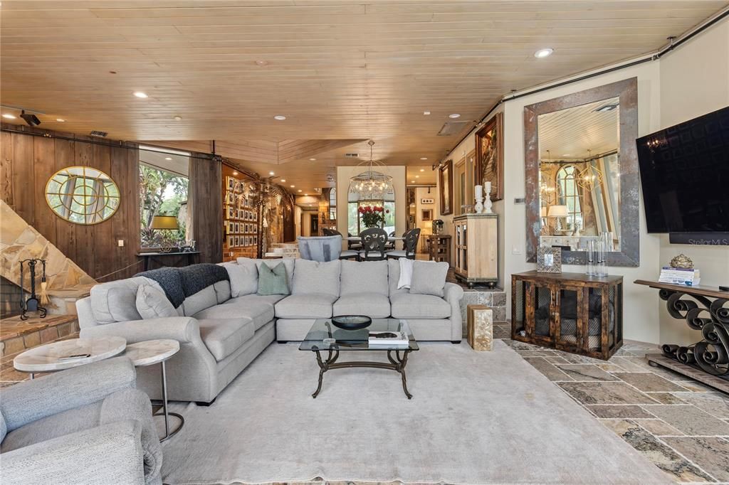 Dining room, Fireplace, Interior, Living room, Pendant Lights, Recessed Lighting, Wooden Ceilings, Wooden Walls