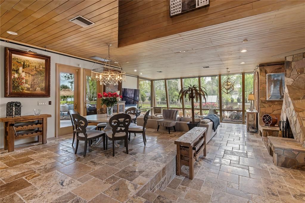 Chandelier, Dining room, Fireplace, Interior, Living room, Pendant Lights, Recessed Lighting, Wooden Ceilings