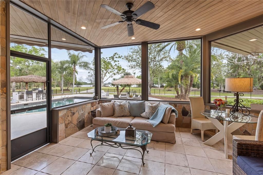 Interior, Living room, Recessed Lighting, Sun Room, Wooden Ceilings