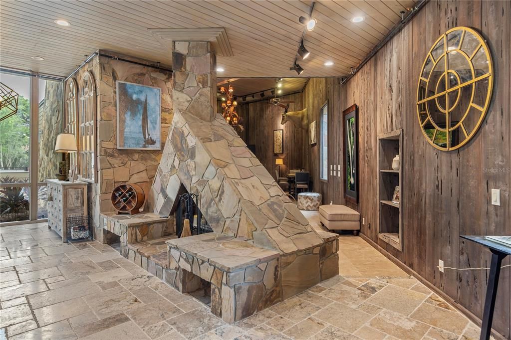 Fireplace, Interior, Recessed Lighting, Stone Walls, Wooden Ceilings, Wooden Walls