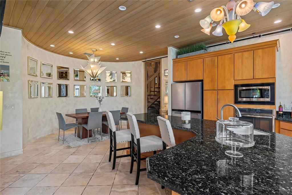 Chandelier, Dining room, Interior, Kitchen, Recessed Lighting, Stainless Steel Appliances, Wooden Ceilings