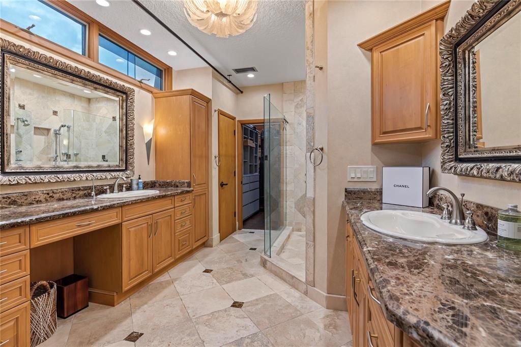 Bathroom, Dual Sink Vanities, Glass Shower, Interior, Recessed Lighting