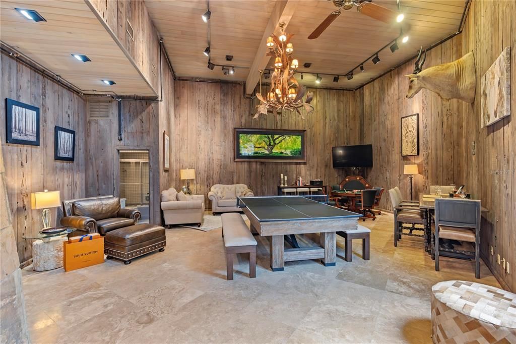 Billiard Table, Chandelier, Game Room, Interior, Living room, Recessed Lighting, Wooden Ceilings, Wooden Walls