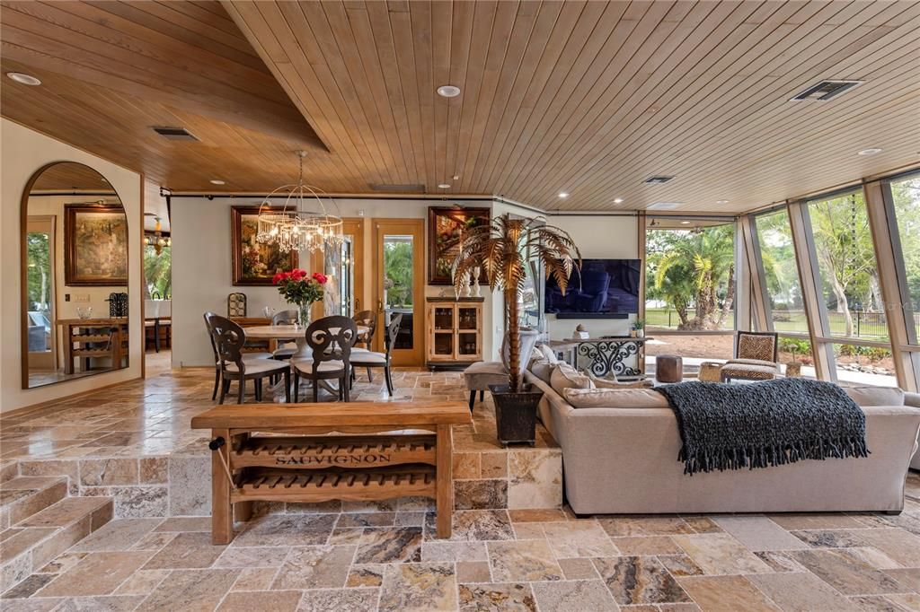 Dining room, Interior, Living room, Pendant Lights, Recessed Lighting, Wooden Ceilings