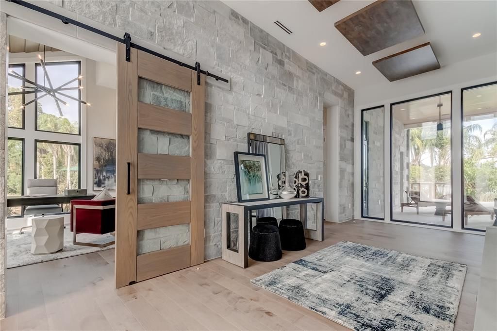 Interior, Pendant Lights, Recessed Lighting, Stone Walls, Wood Texture Flooring