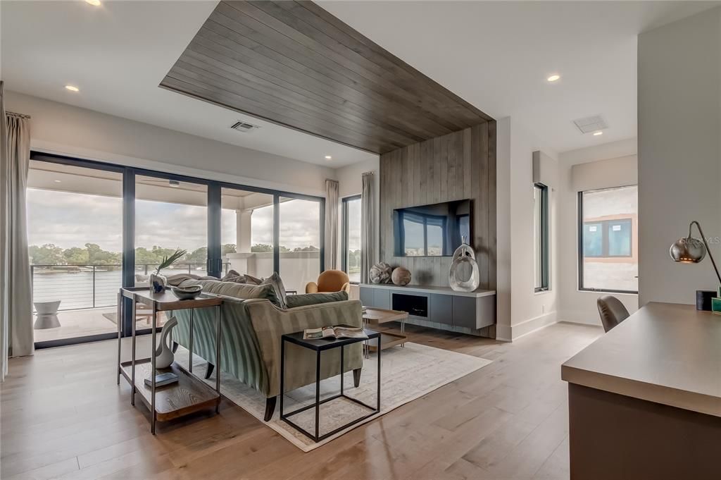 Interior, Living room, Recessed Lighting, Water, Wooden Ceilings, Wood Texture Flooring, Wooden Walls