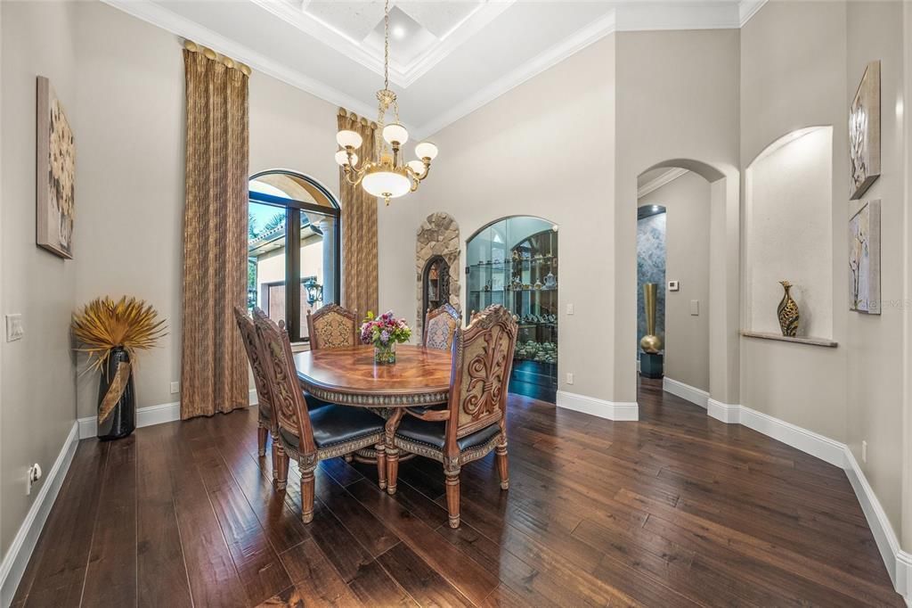 Chandelier, Dining room, Interior, Wood Texture Flooring
