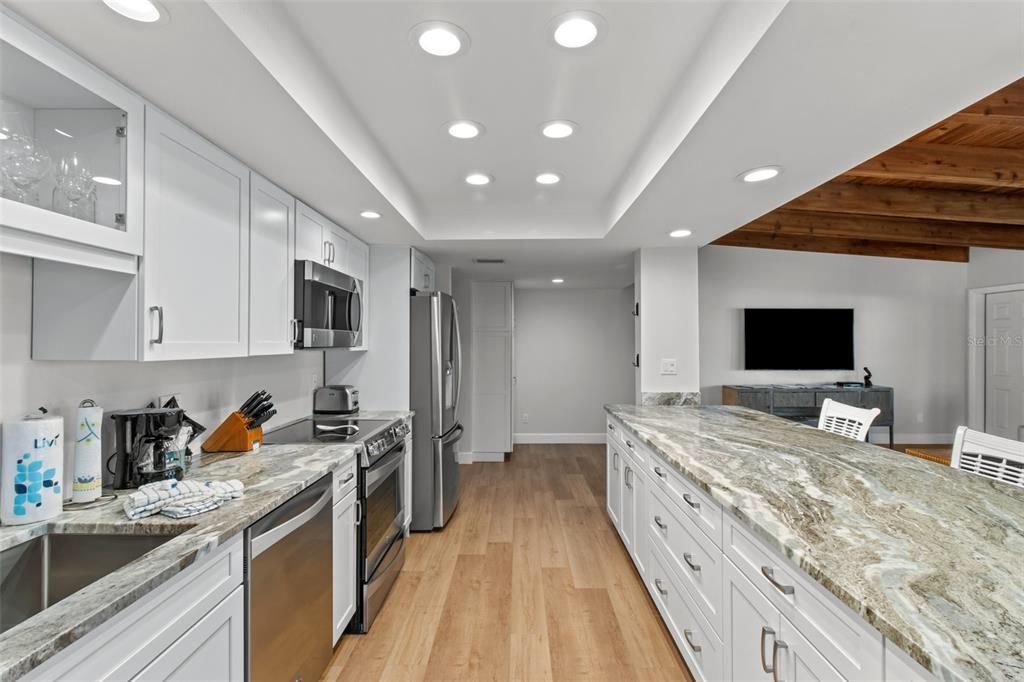 Interior, Kitchen, Recessed Lighting, Stainless Steel Appliances, Wooden Ceilings, Wood Texture Flooring