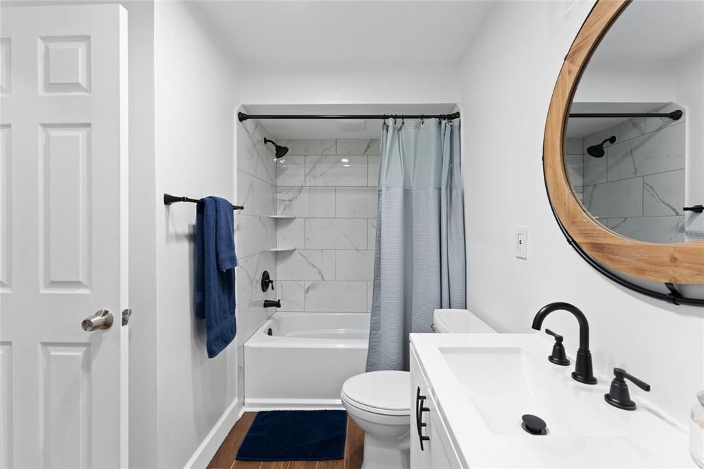 Bathroom, Interior, Marble Walls, Wood Texture Flooring