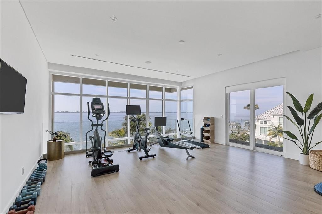 Fitness Equipment, Interior, Recessed Lighting, Water, Wood Texture Flooring