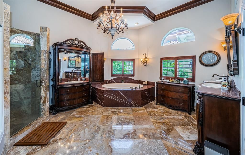 Bathroom, Chandelier, Dual Sink Vanities, Glass Shower, Interior, Recessed Lighting