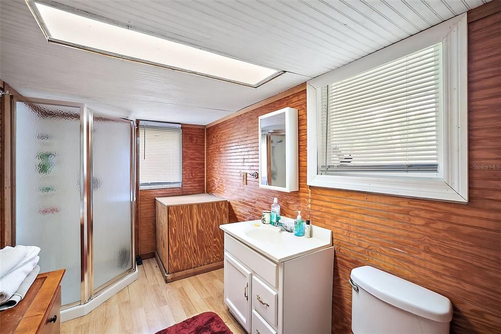 Bathroom, Glass Shower, Interior, Wood Texture Flooring, Wooden Walls