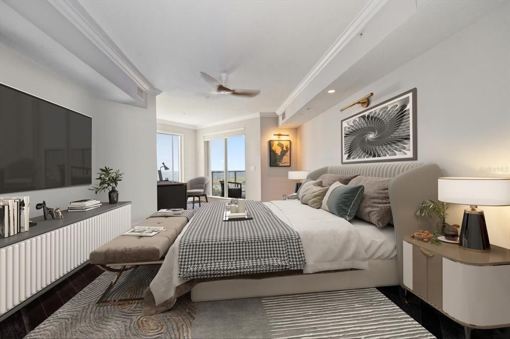 Bedroom, Interior, Recessed Lighting, Wood Texture Flooring