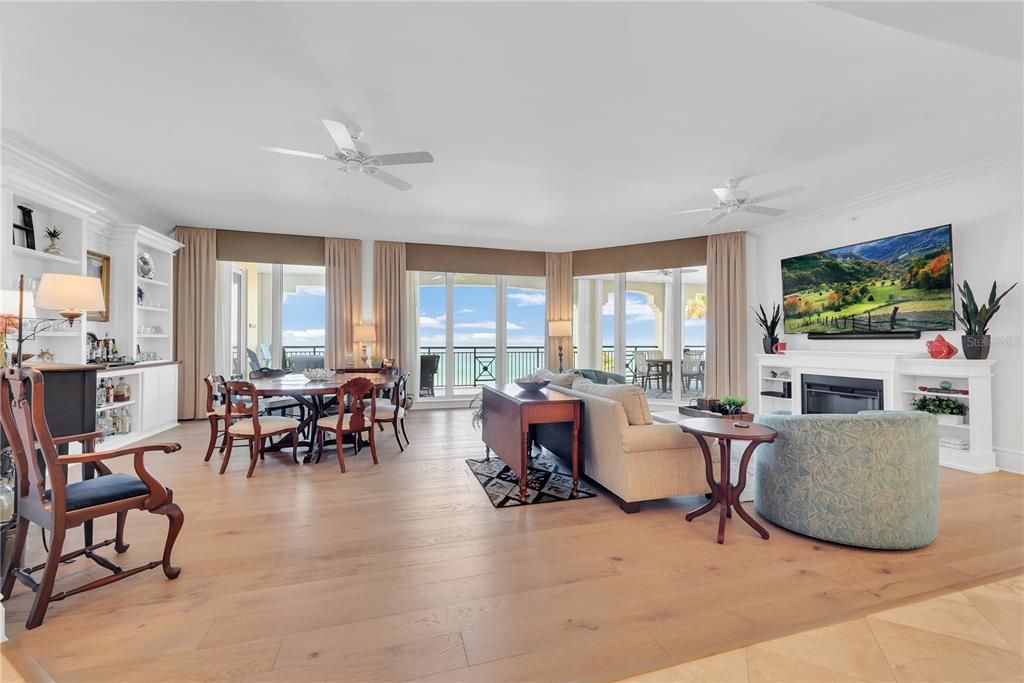 Dining room, Fireplace, Interior, Living room, Water, Wood Texture Flooring