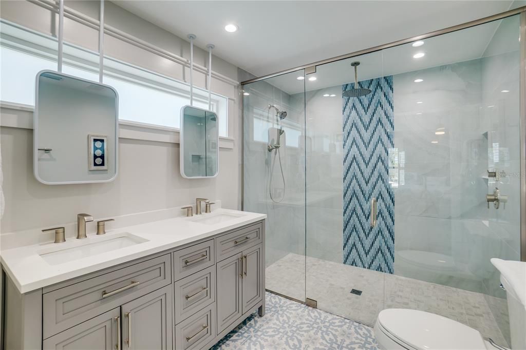Bathroom, Dual Sink Vanities, Glass Shower, Interior, Recessed Lighting