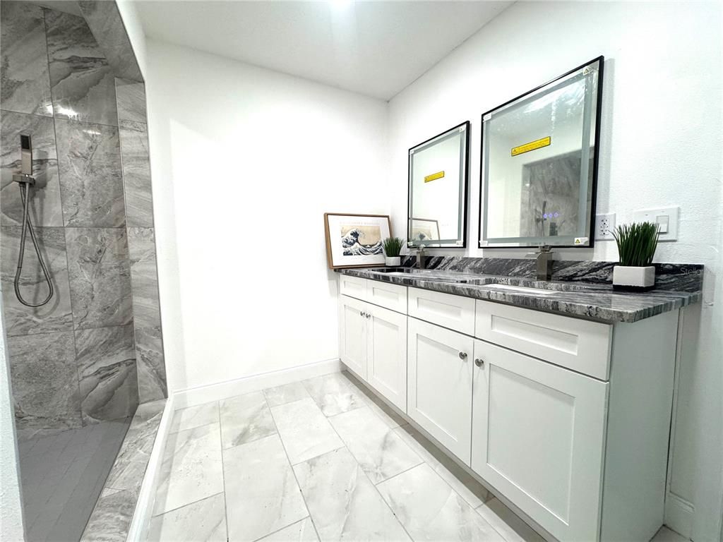 Bathroom, Dual Sink Vanities, Interior, Marble, Marble Walls